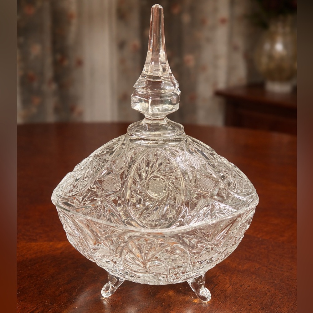 Vintage Anna Hutte Cut Crystal Candy Dish w Lid Footed Bowl 10”